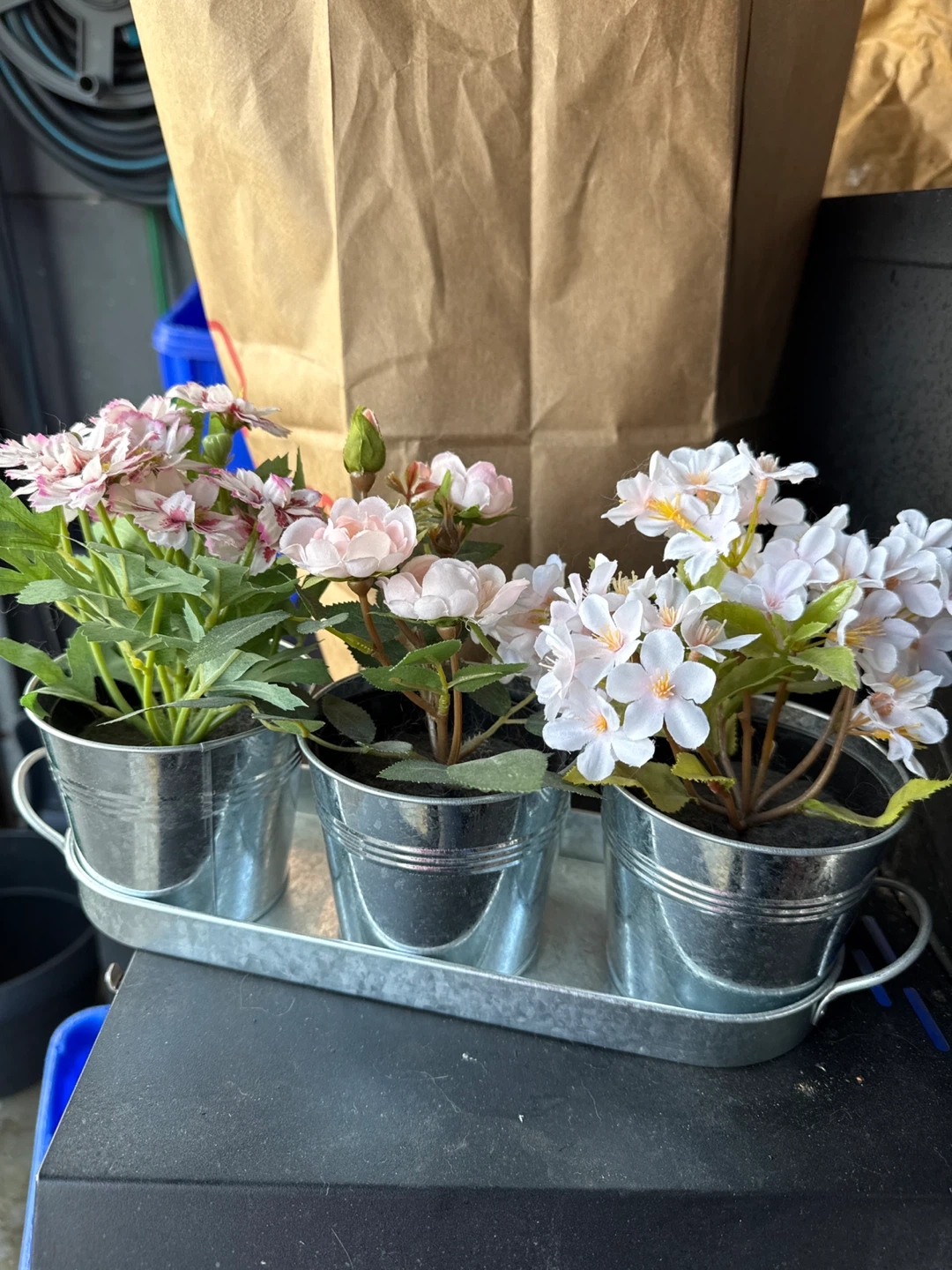 Set of 3 Faux Flowers in Galvanized Pots