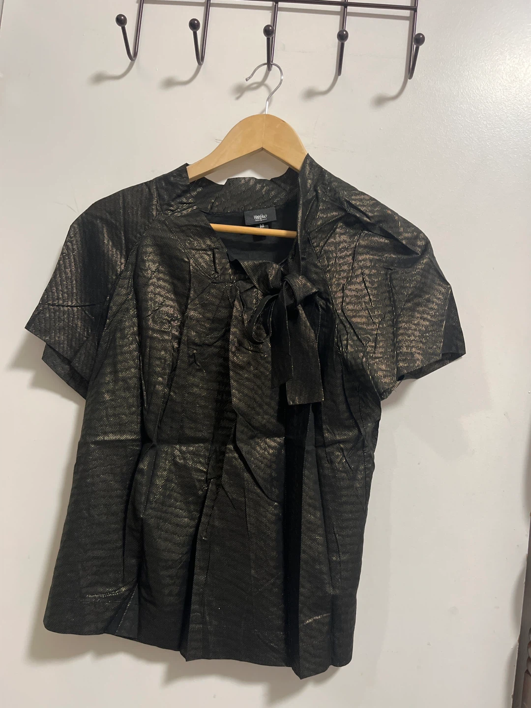 Mossimo Black and Gold Textured Bow Blouse - Size Medium
