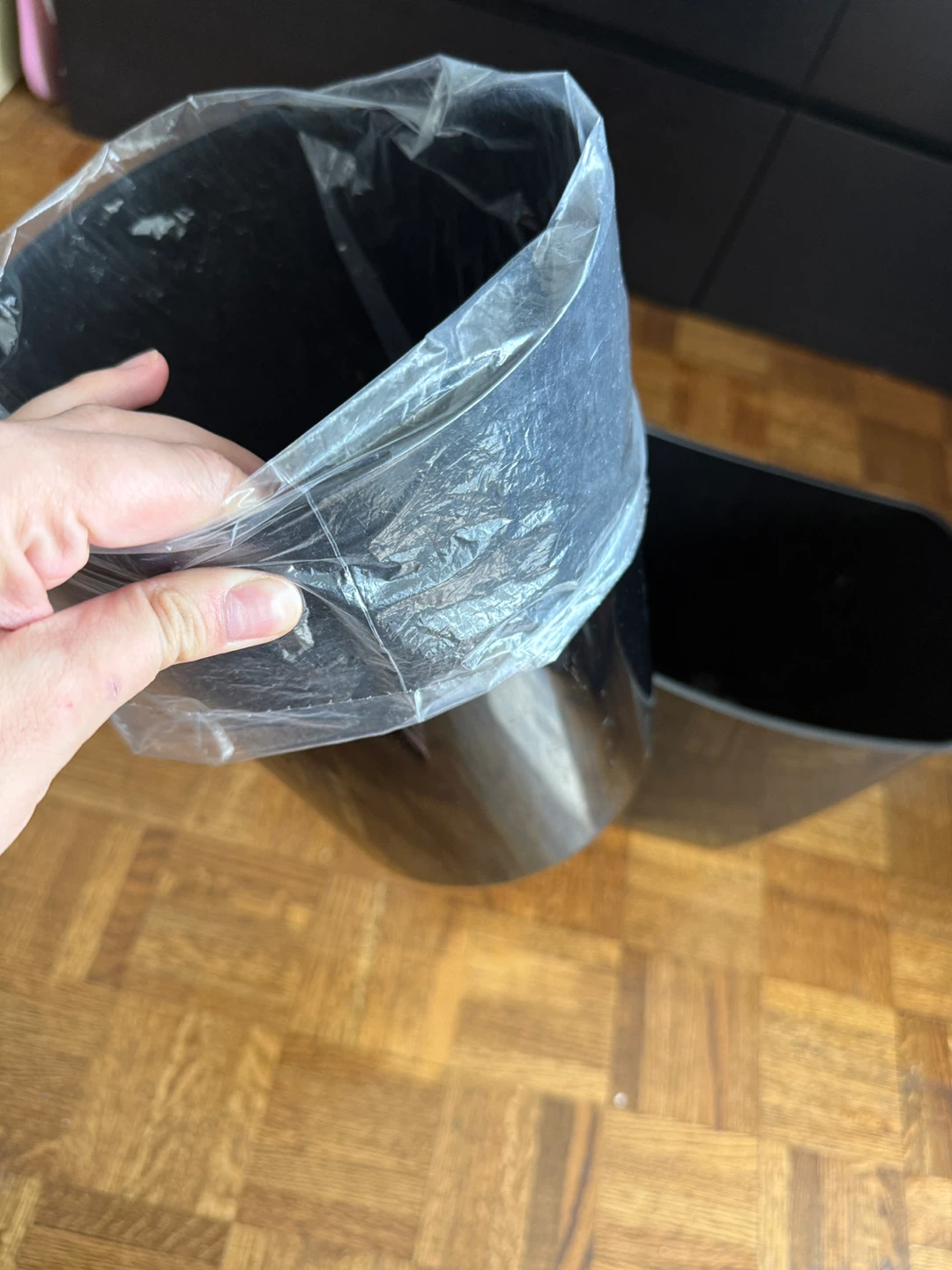 Black Plastic Wastebasket with Liner and Decorative Outer Sleeve - photo 3