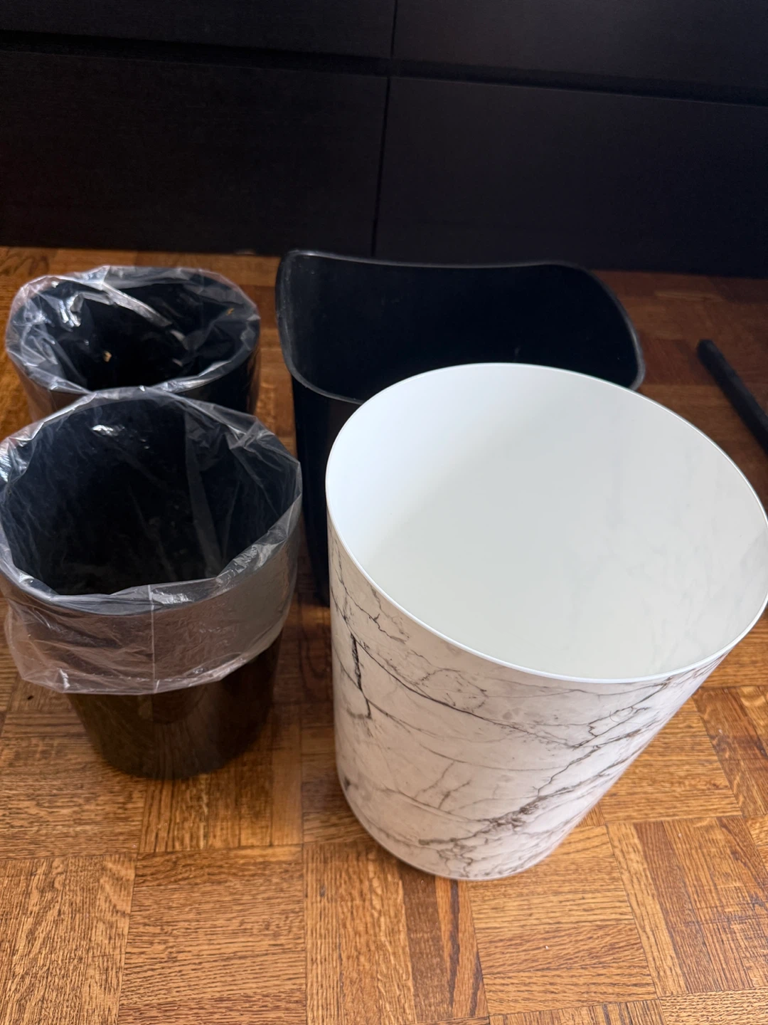 Black Plastic Wastebasket with Liner and Decorative Outer Sleeve