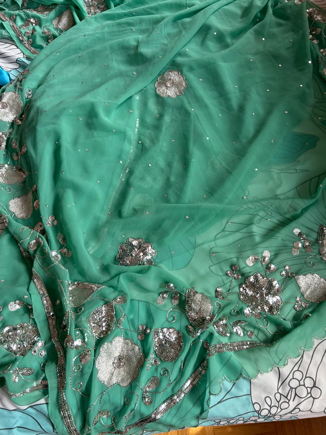Turquoise Green Saree with Silver Embellishments - photo 2