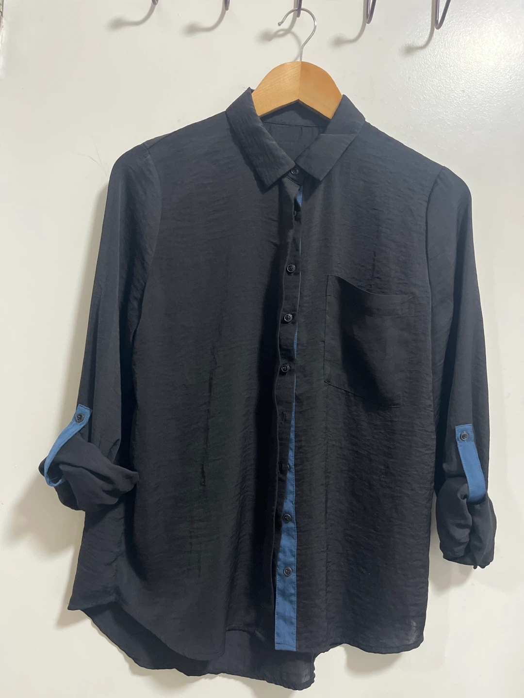 Black Collared Button-Up Shirt with Blue Accents