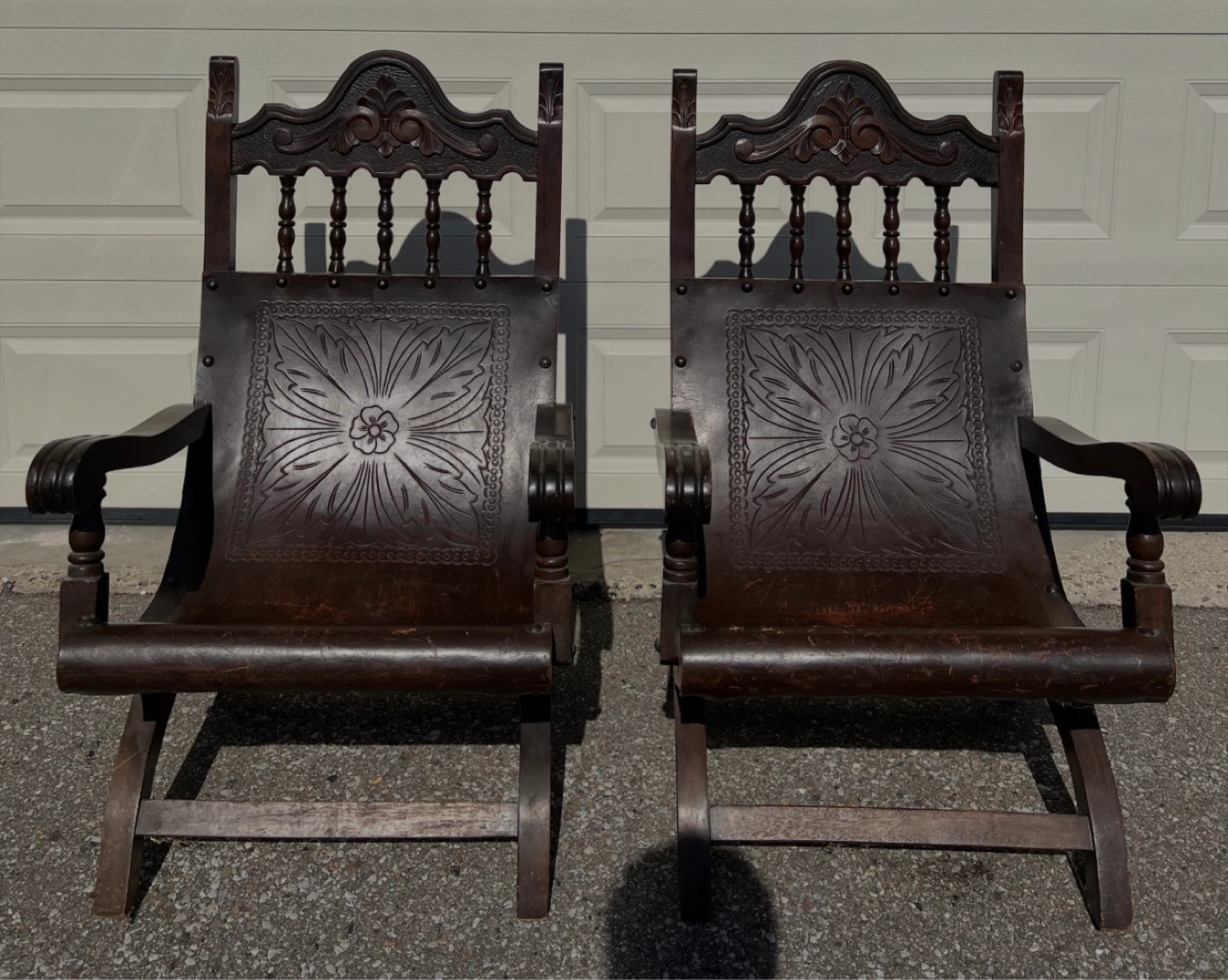 Vintage Carved Wood and Leather Folding Chairs (Pair)