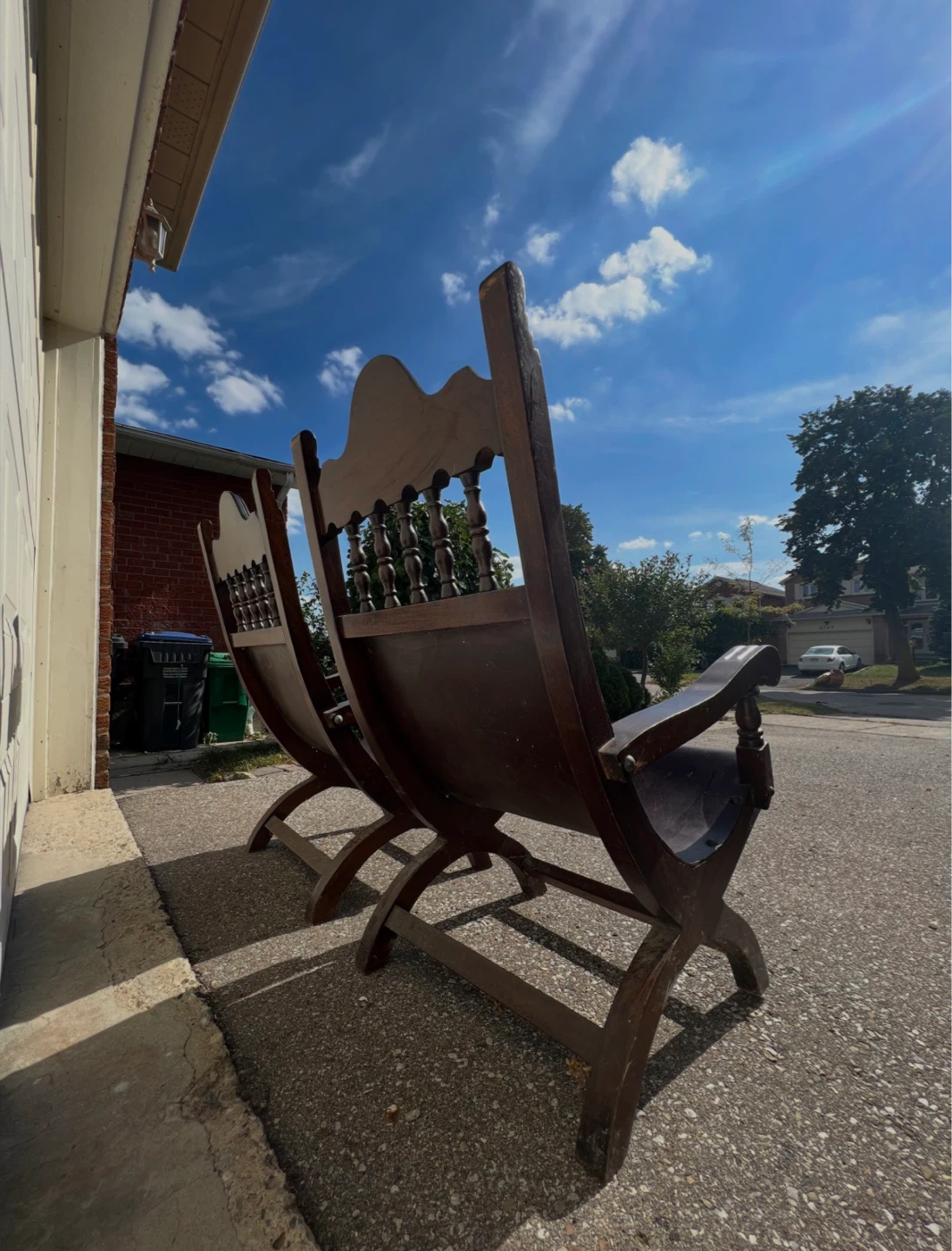 Vintage Carved Wood and Leather Folding Chairs (Pair) - photo 3