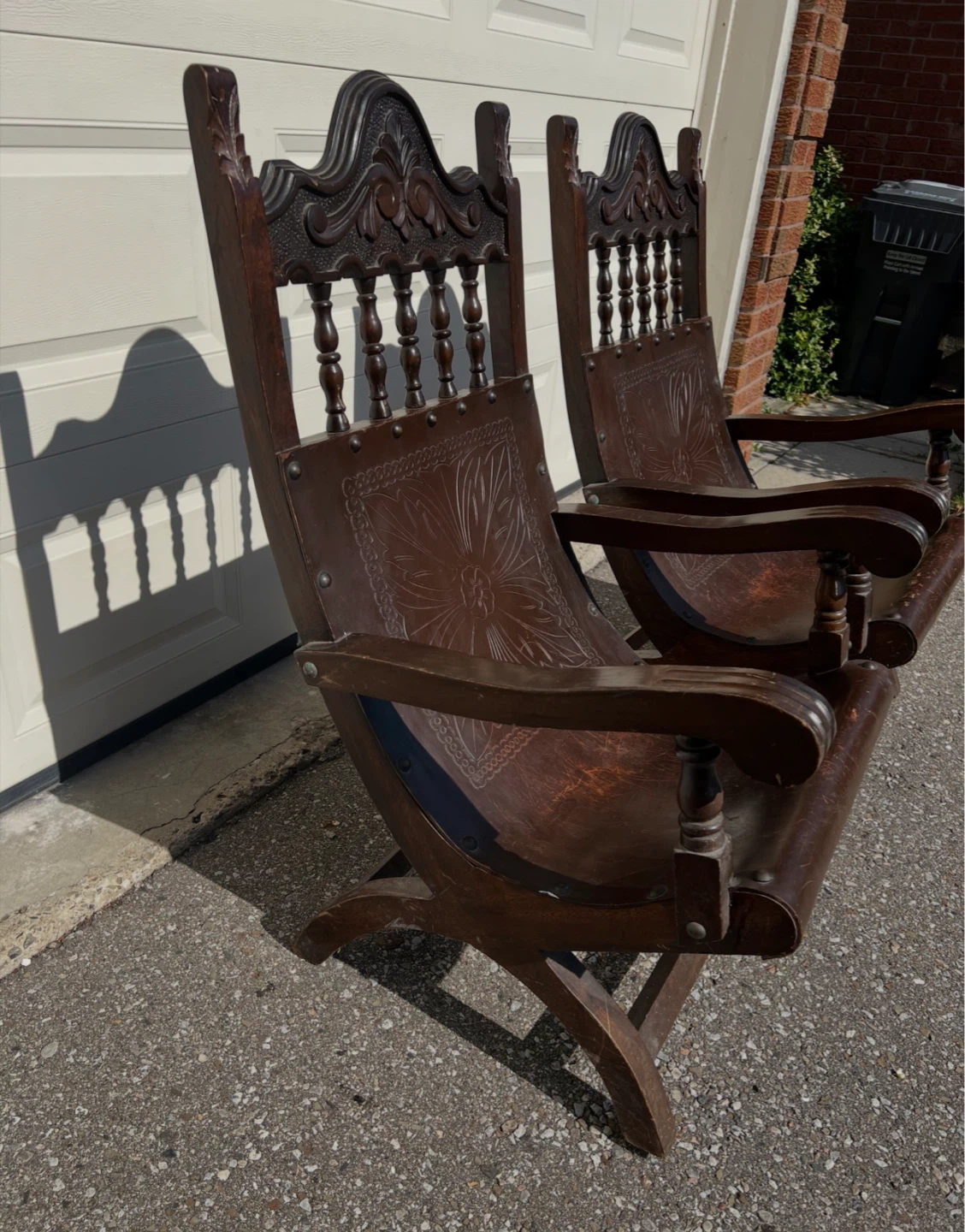 Vintage Carved Wood and Leather Folding Chairs (Pair) - photo 2