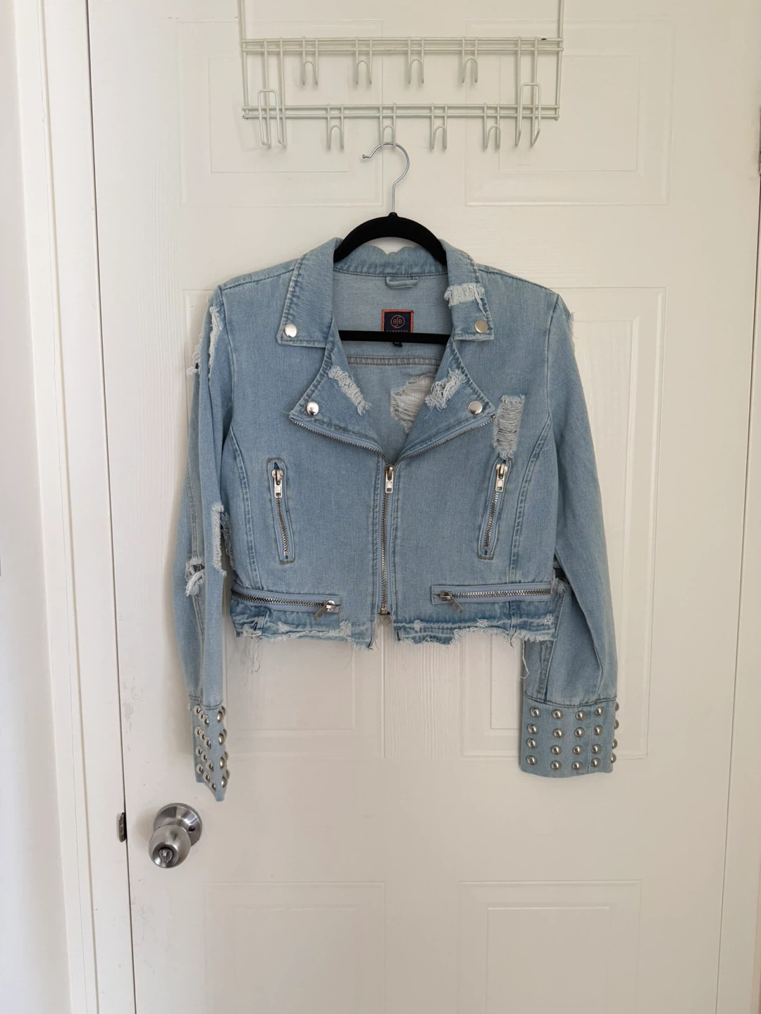 Light Wash Denim Jacket with Studded Cuffs and Rips - photo 2