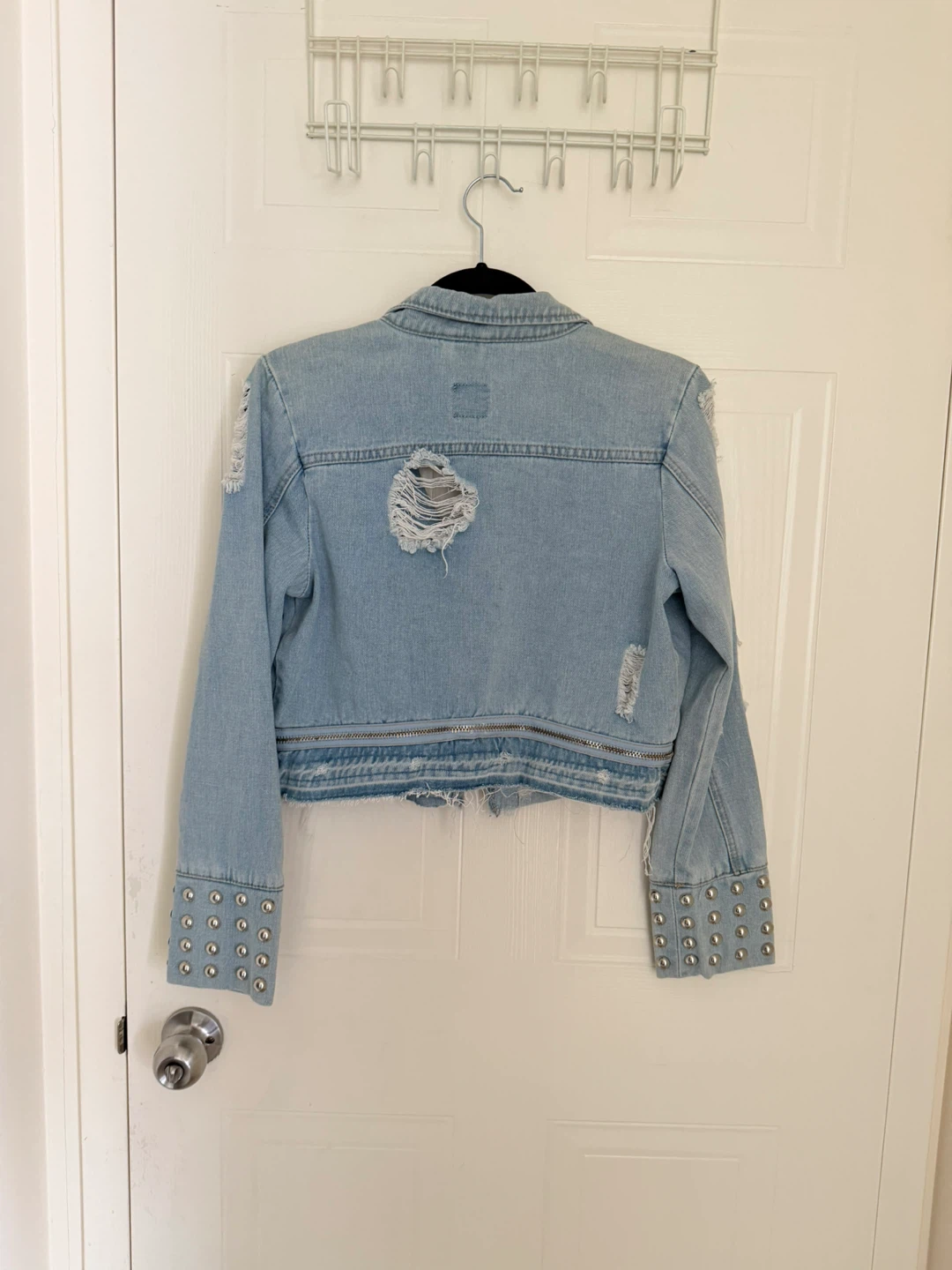 Light Wash Denim Jacket with Studded Cuffs and Rips - photo 3