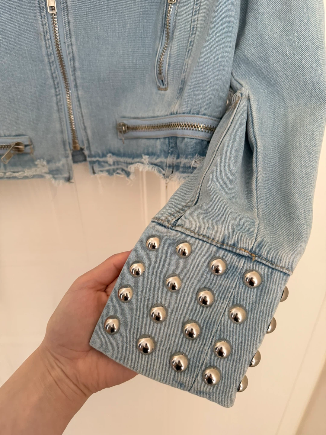 Light Wash Denim Jacket with Studded Cuffs and Rips - photo 4