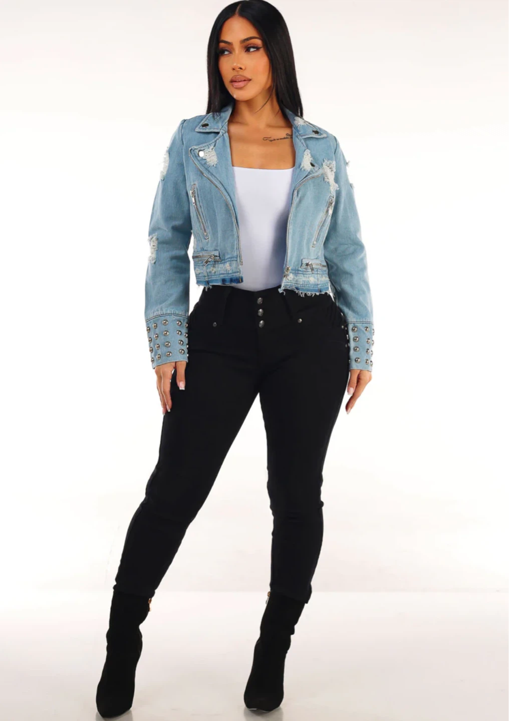 Light Wash Denim Jacket with Studded Cuffs and Rips - photo 5