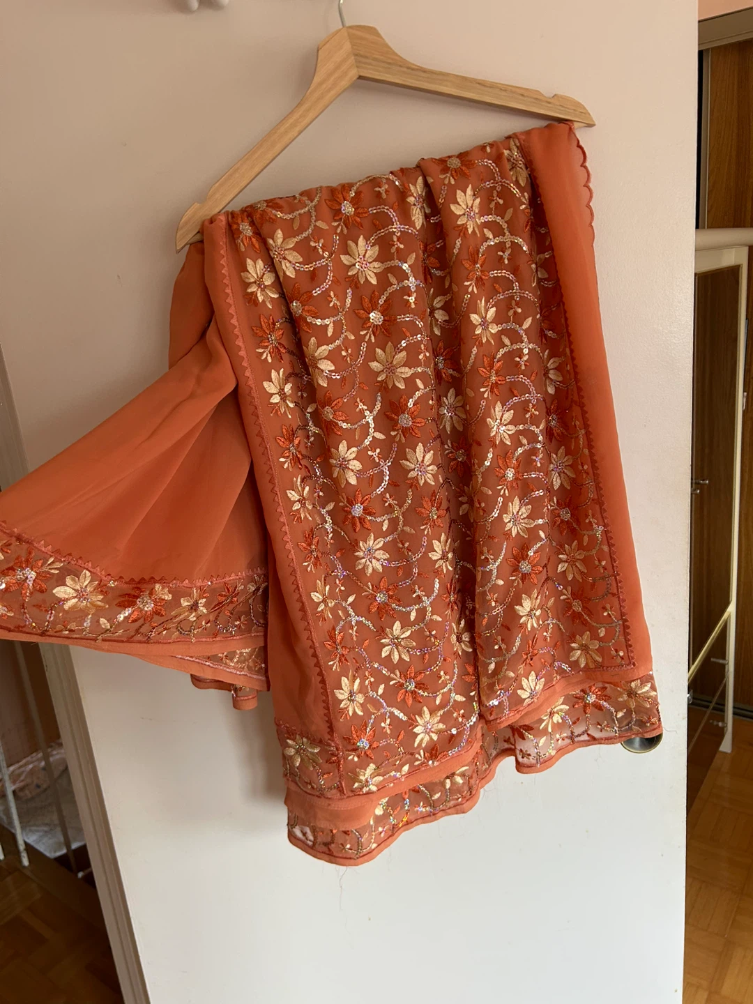 Orange Embroidered Saree with Sequins