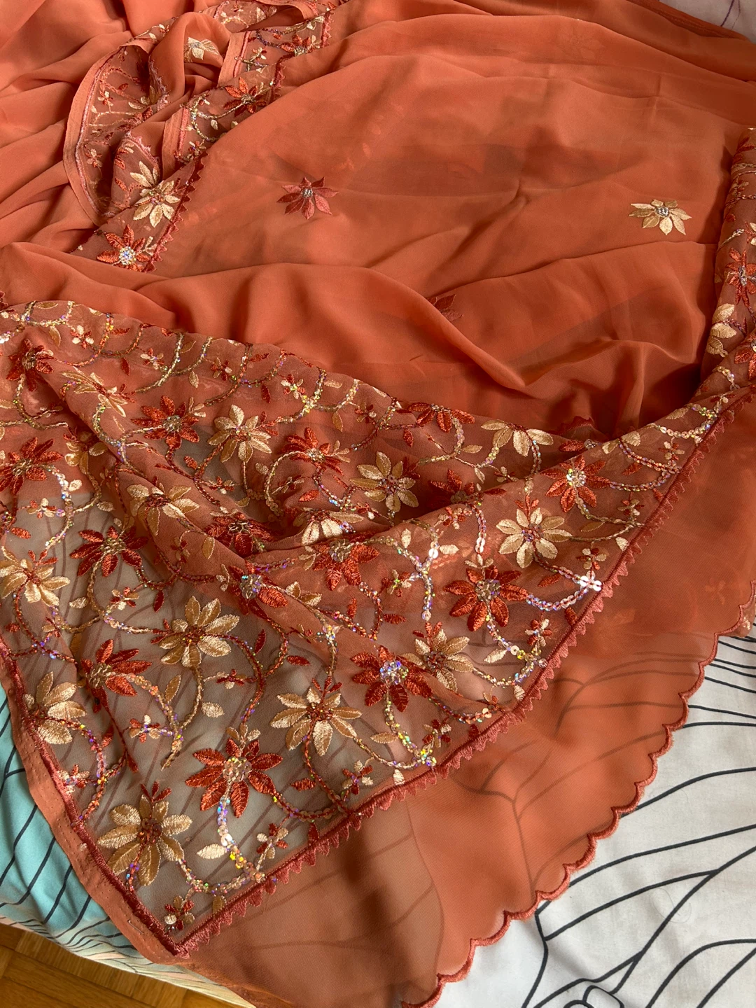 Orange Embroidered Saree with Sequins - photo 2