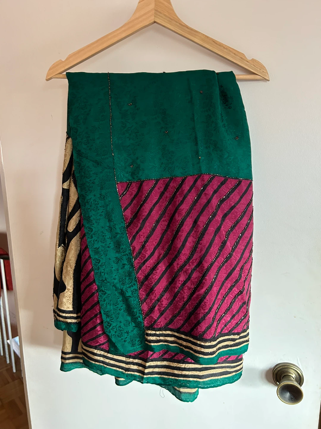Green and Magenta Saree with Animal Print Border