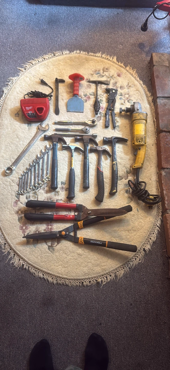 Assorted Tools Including Milwaukee Charger and Fiskars Shears