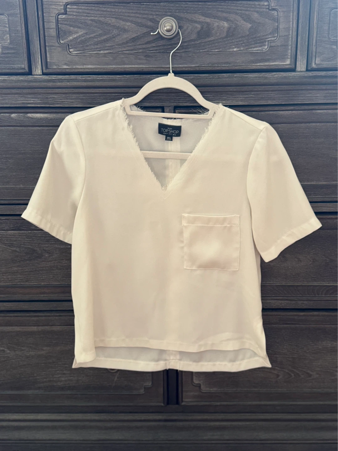 Topshop Petite White V-Neck Pocket Top Size UK 4