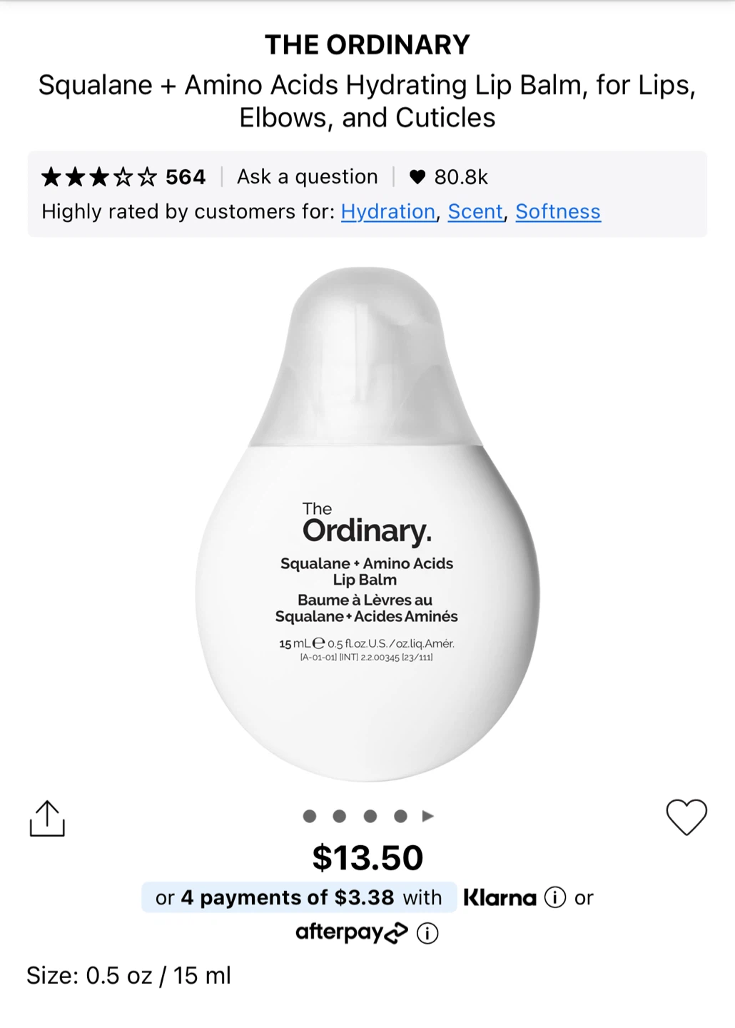 The Ordinary Squalane + Amino Acids Hydrating Lip Balm 15mL