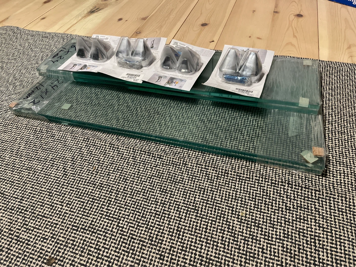 Glass shelves with Chrome adjustable shelf clamp sets