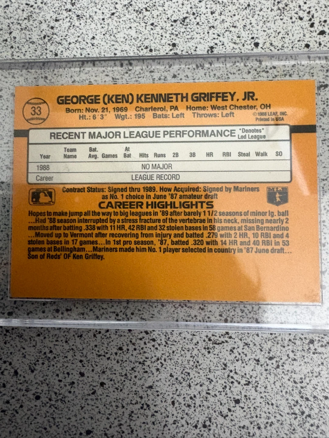 Ken Griffey Jr. 1989 Donruss Rated Rookie Baseball Card - photo 2