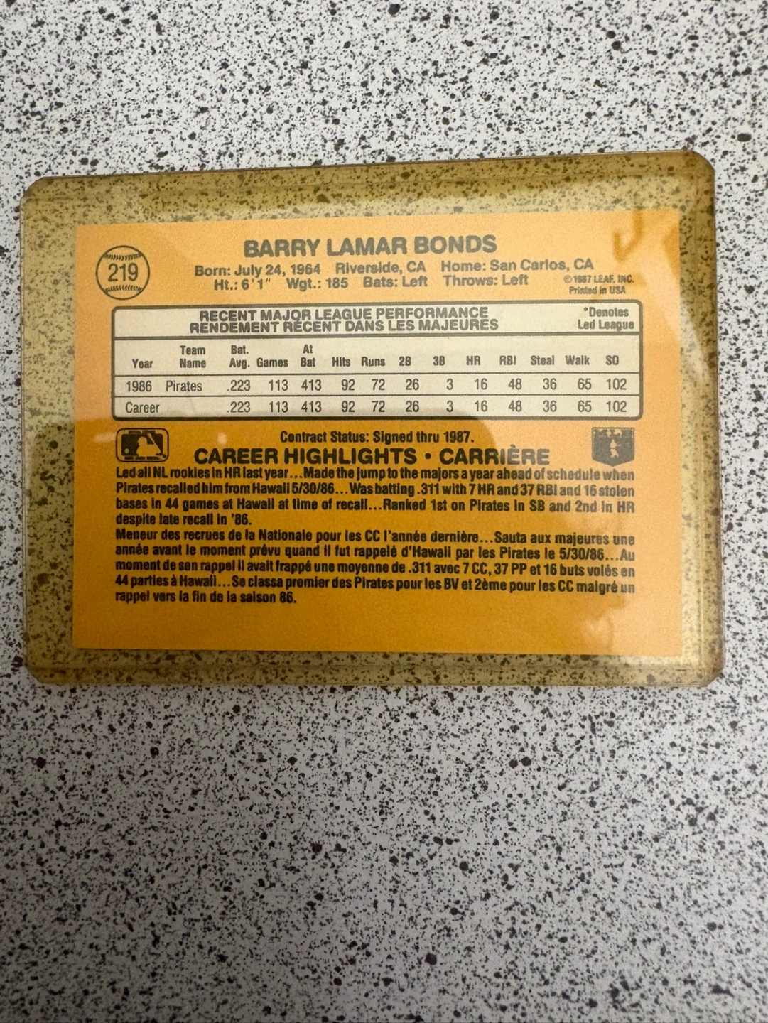 1987 Leaf Barry Bonds Baseball Card - photo 2