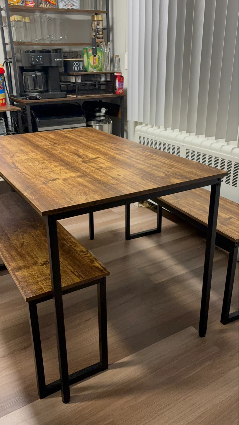 Rustic Wood Dining Table Set with 2 Benches