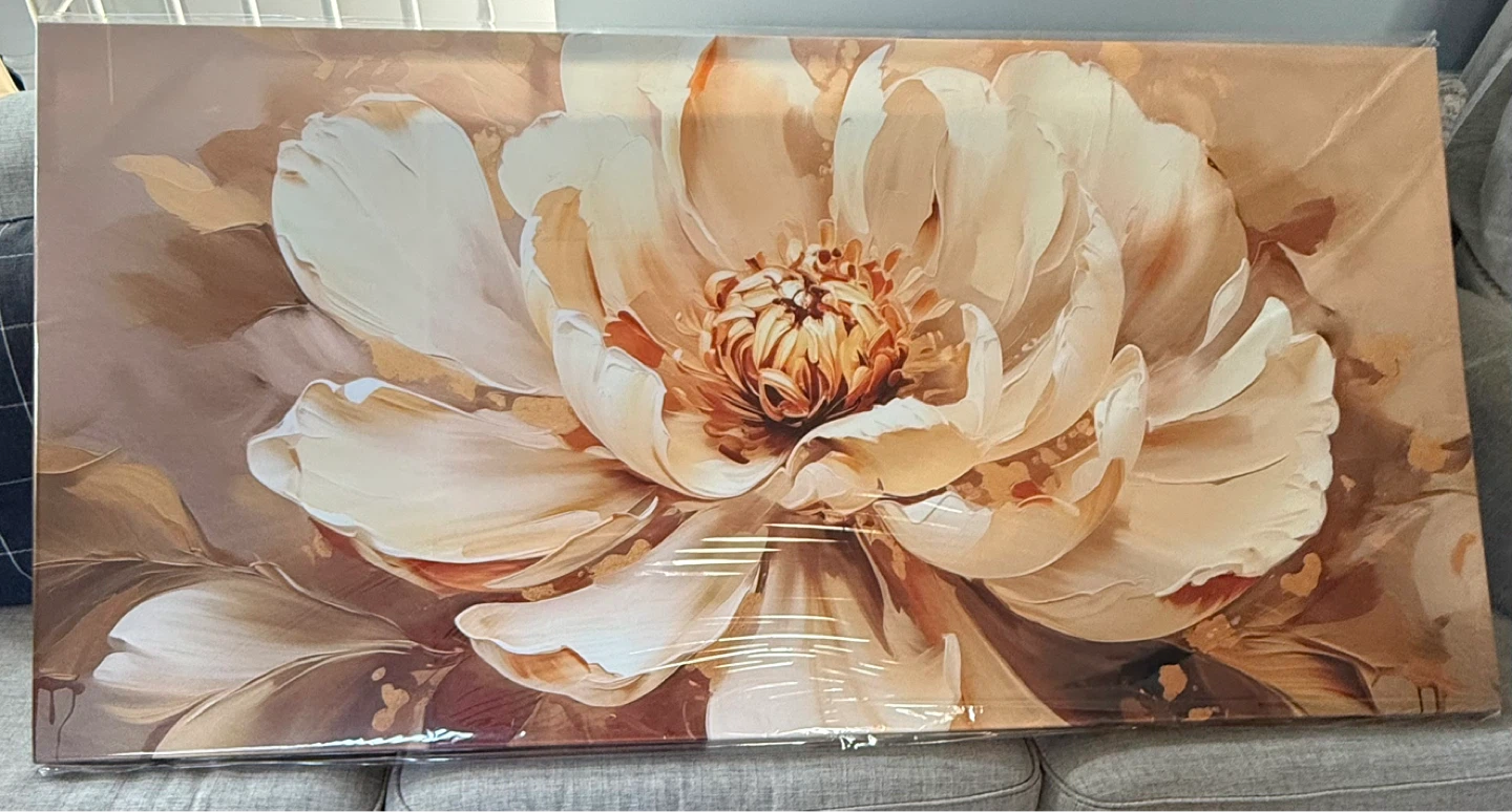 Large Floral Canvas Wall Art Print - Beige and White