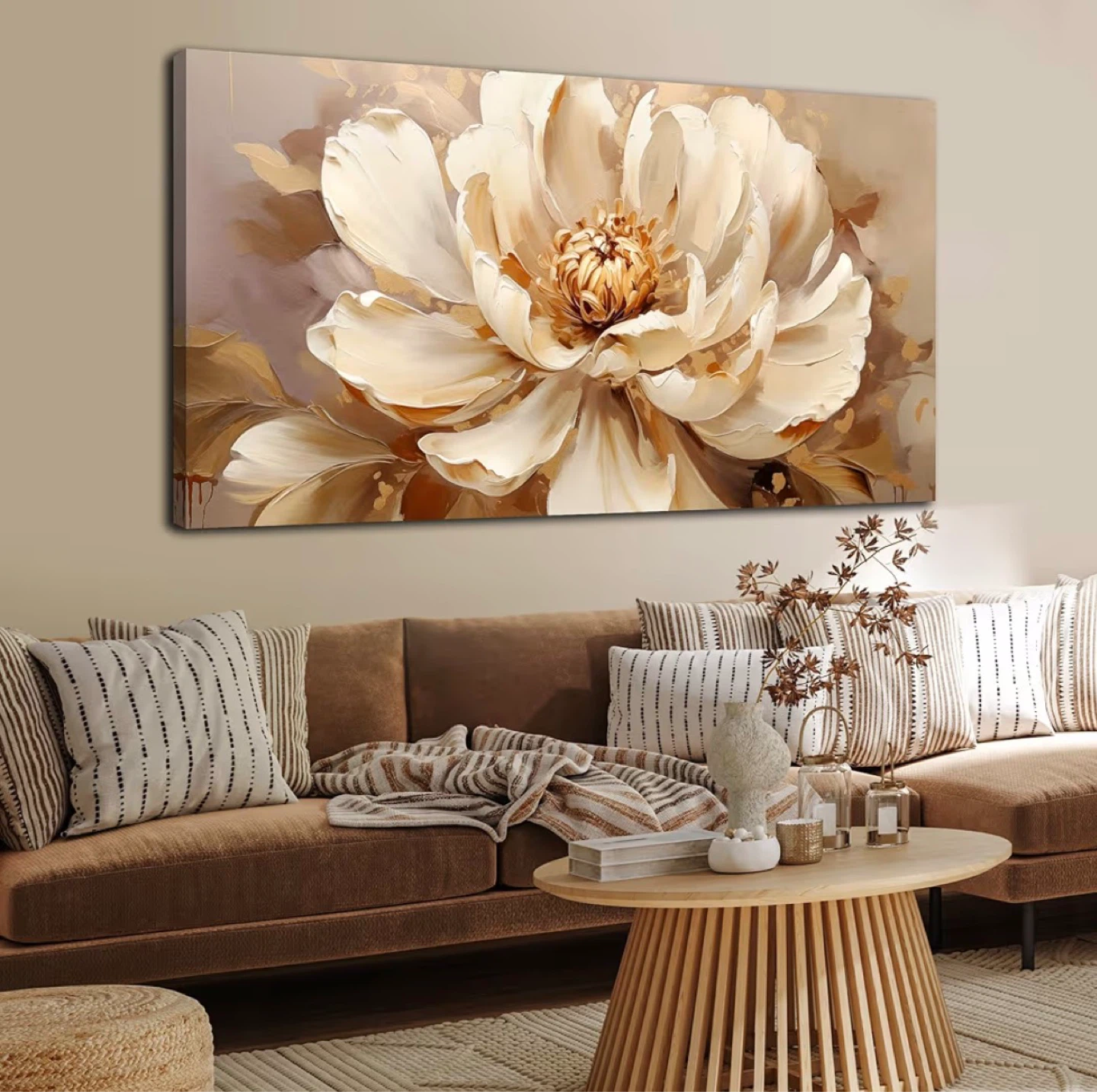 Large Floral Canvas Wall Art Print - Beige and White - photo 5