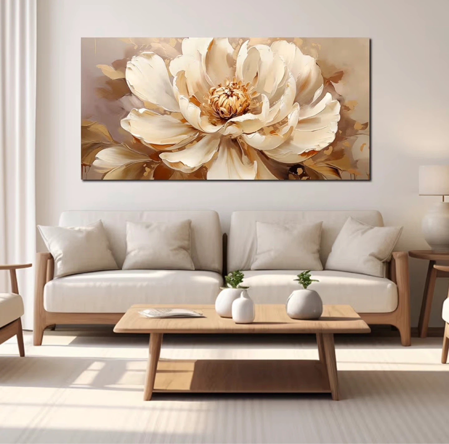 Large Floral Canvas Wall Art Print - Beige and White - photo 3