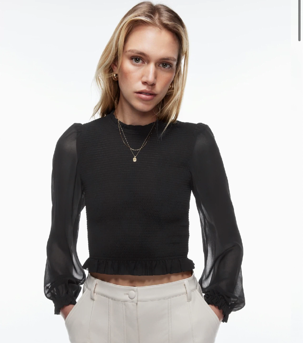 Aritzia Wilfred Black Smocked Long Sleeve Top - photo 4