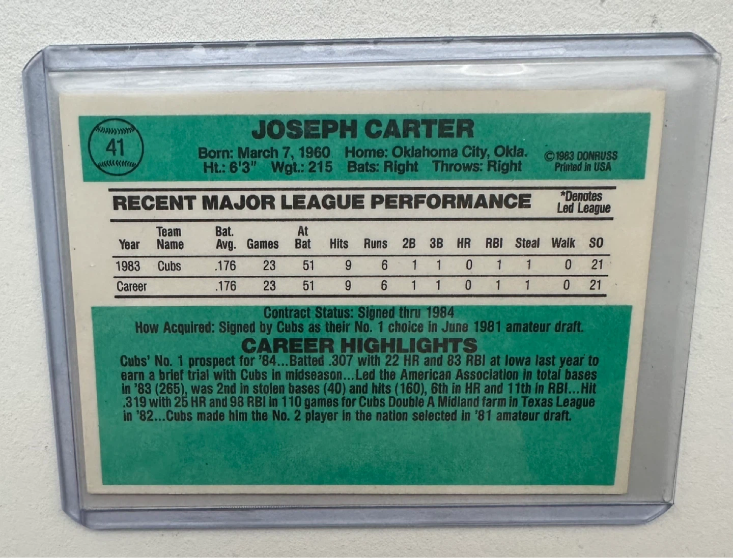 Joe Carter rookie card - photo 2