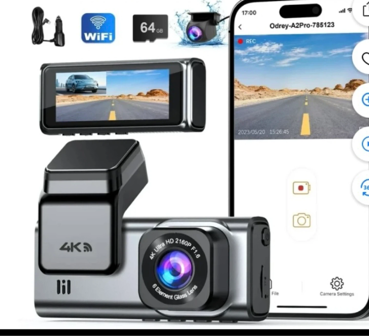 4K Dual Dash Cam front and rear with 64GB Card - Odrey-A2Pro