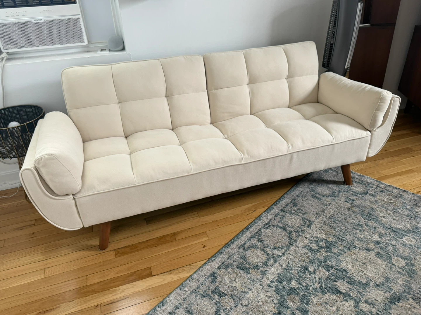 Cream Tufted Sofa Bed with Wooden Legs - 75.39" L