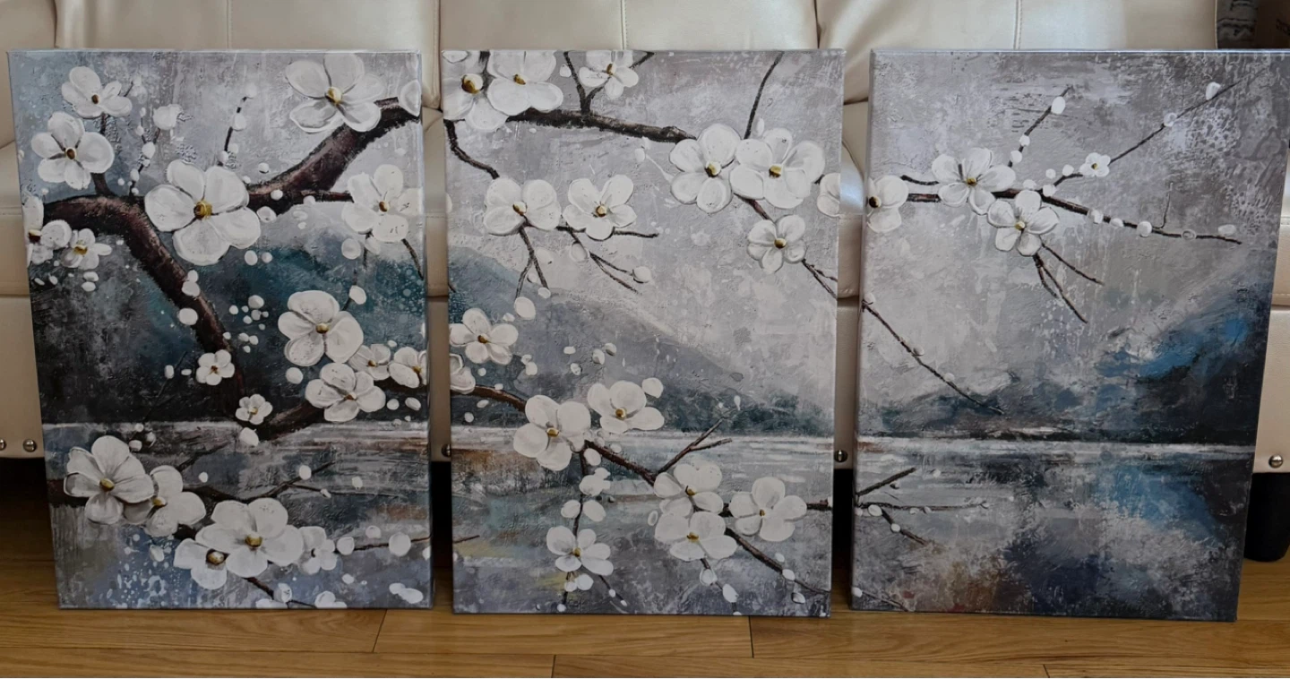 Biuteawal White Plum Blooming By The Lake 3-Panel Canvas Art - photo 2