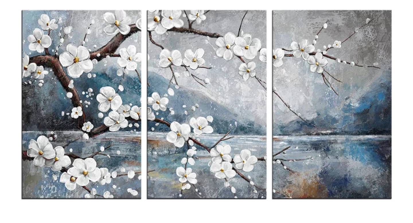 Biuteawal White Plum Blooming By The Lake 3-Panel Canvas Art