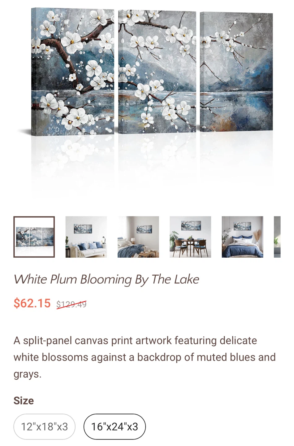 Biuteawal White Plum Blooming By The Lake 3-Panel Canvas Art - photo 4