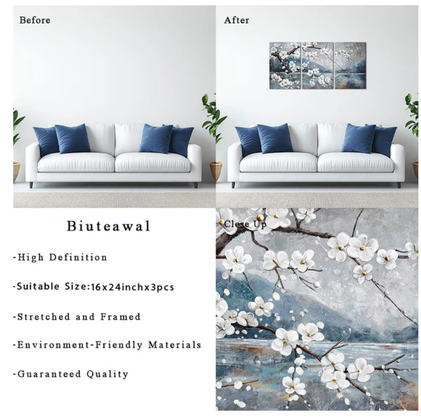 Biuteawal White Plum Blooming By The Lake 3-Panel Canvas Art - photo 5