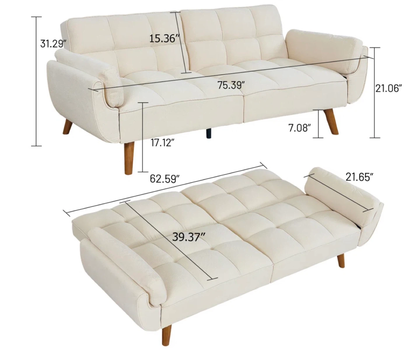 Cream Tufted Sofa Bed with Wooden Legs - 75.39" L - photo 2