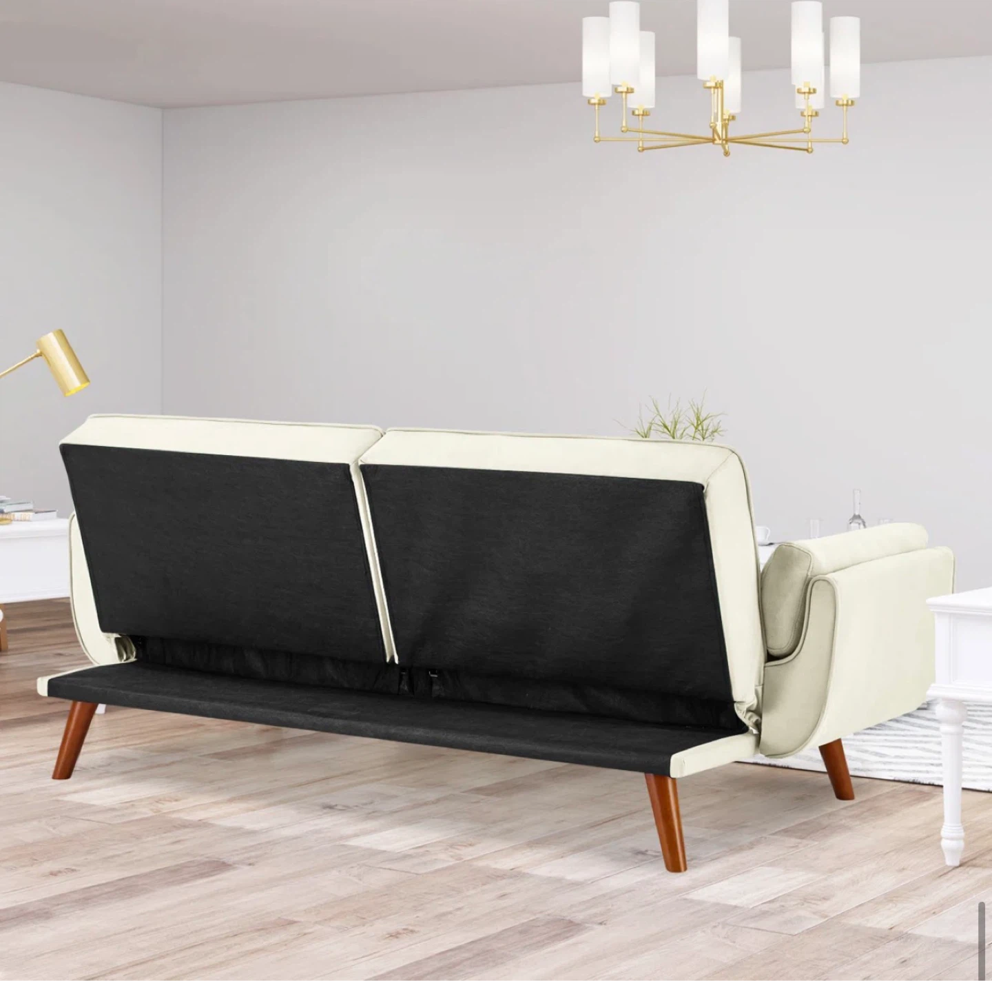 Cream Tufted Sofa Bed with Wooden Legs - 75.39" L - photo 3