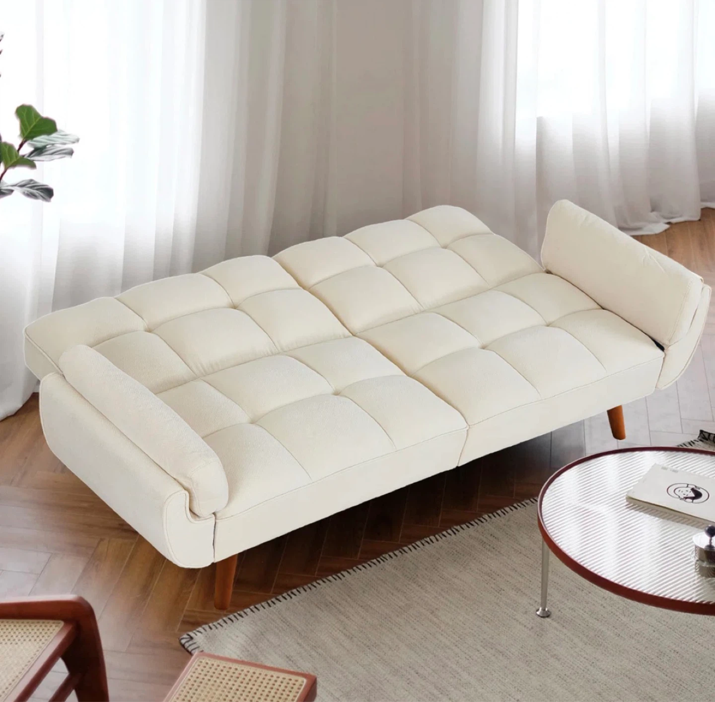 Cream Tufted Sofa Bed with Wooden Legs - 75.39" L - photo 4