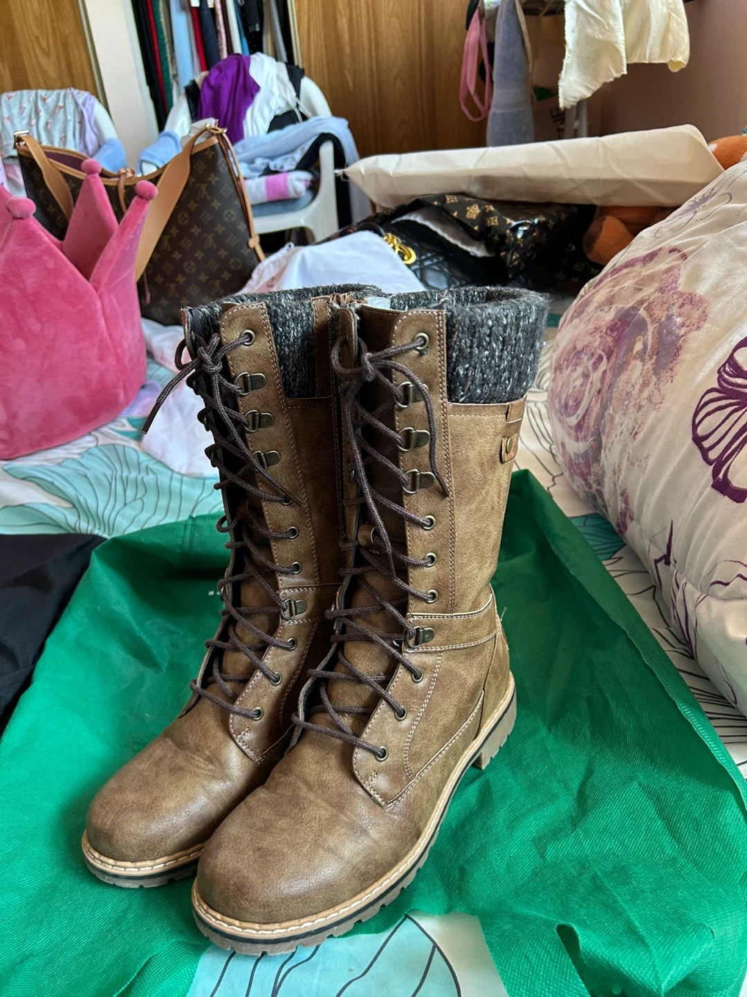 Brown Faux Leather Lace-Up Boots with Knit Collars - women’s 8