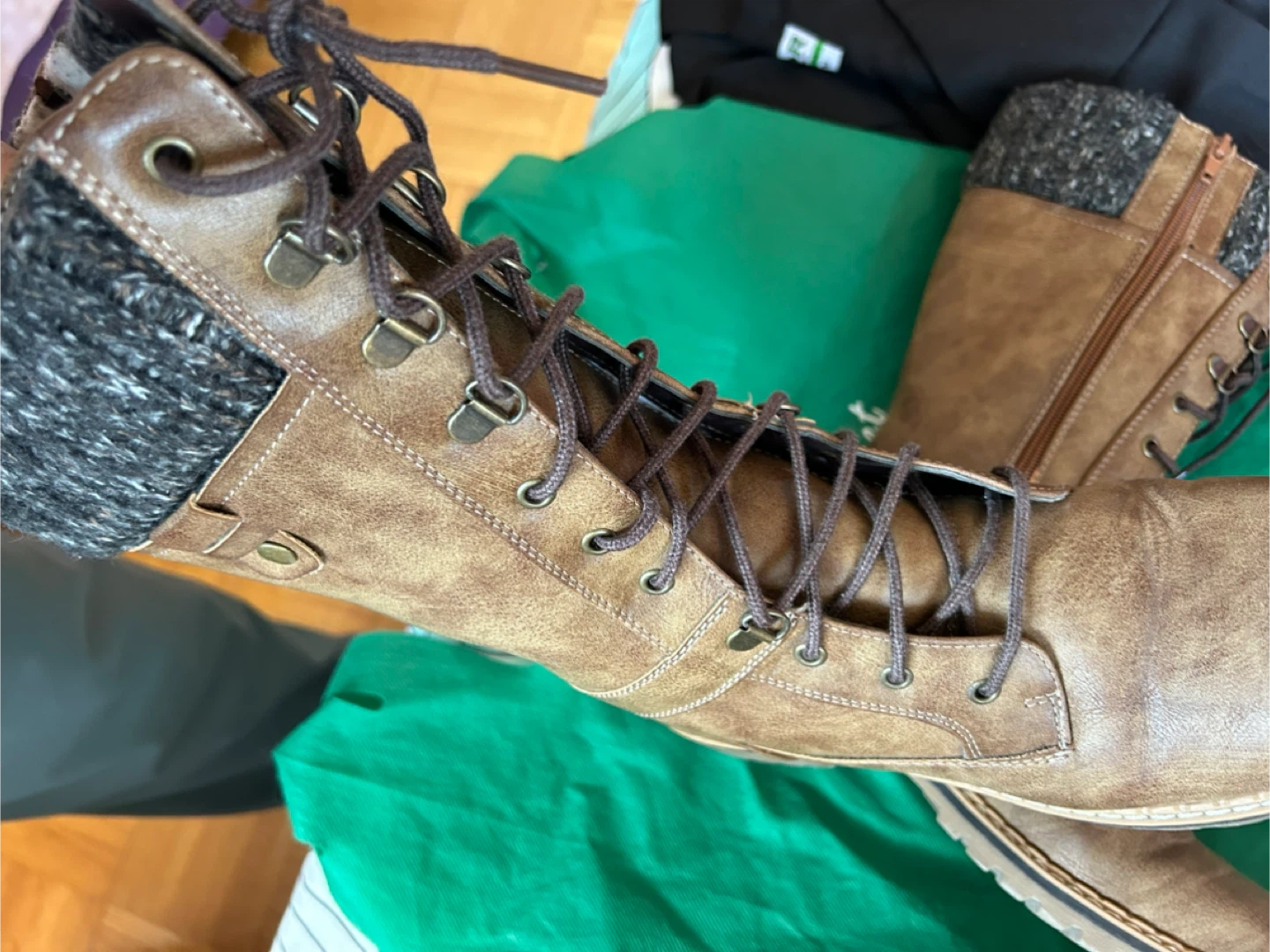 Brown Faux Leather Lace-Up Boots with Knit Collars - women’s 8 - photo 4