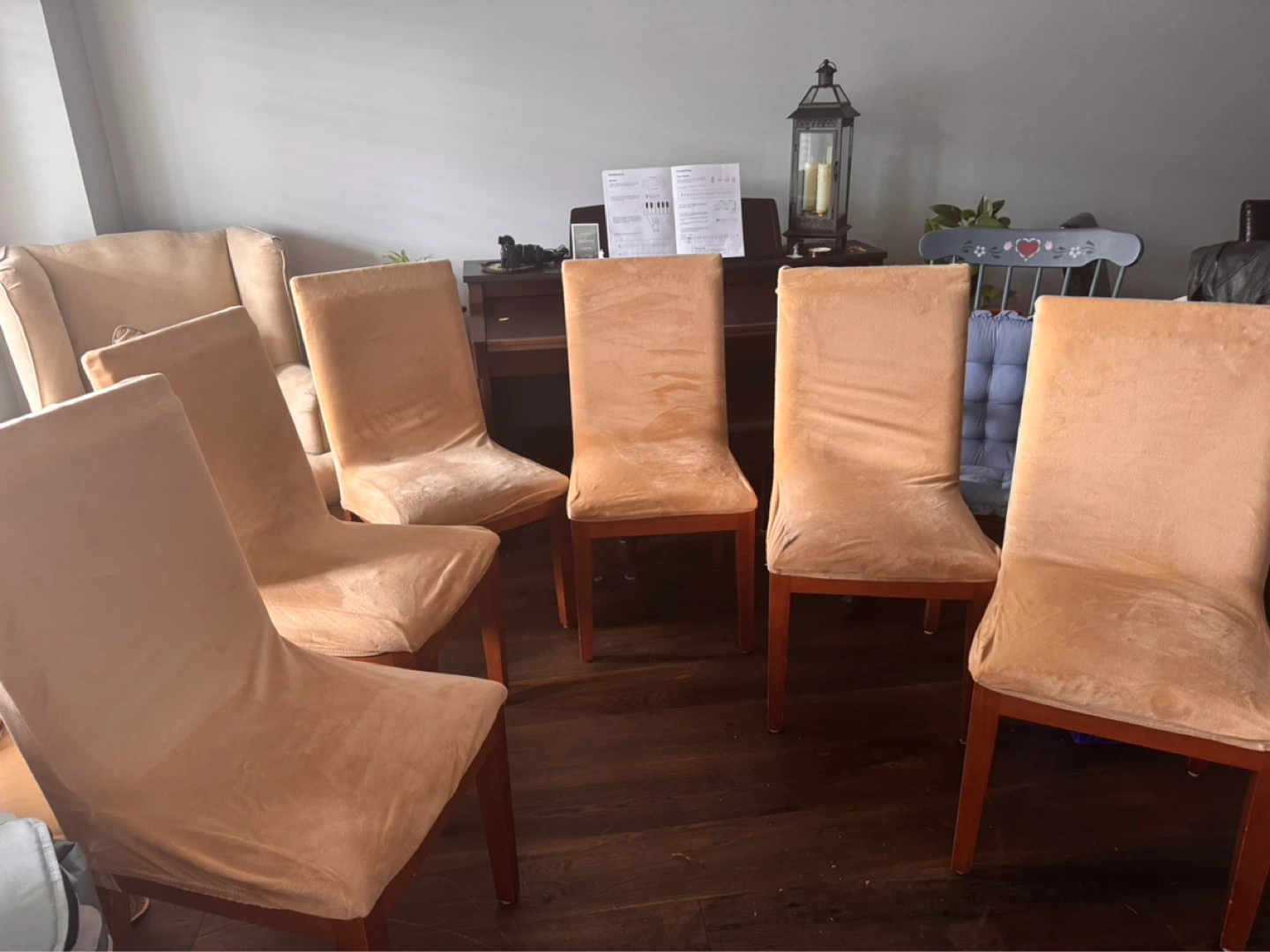 $5 each one. Dining Chairs (Set of 8)- Beige Velour Slipcovers