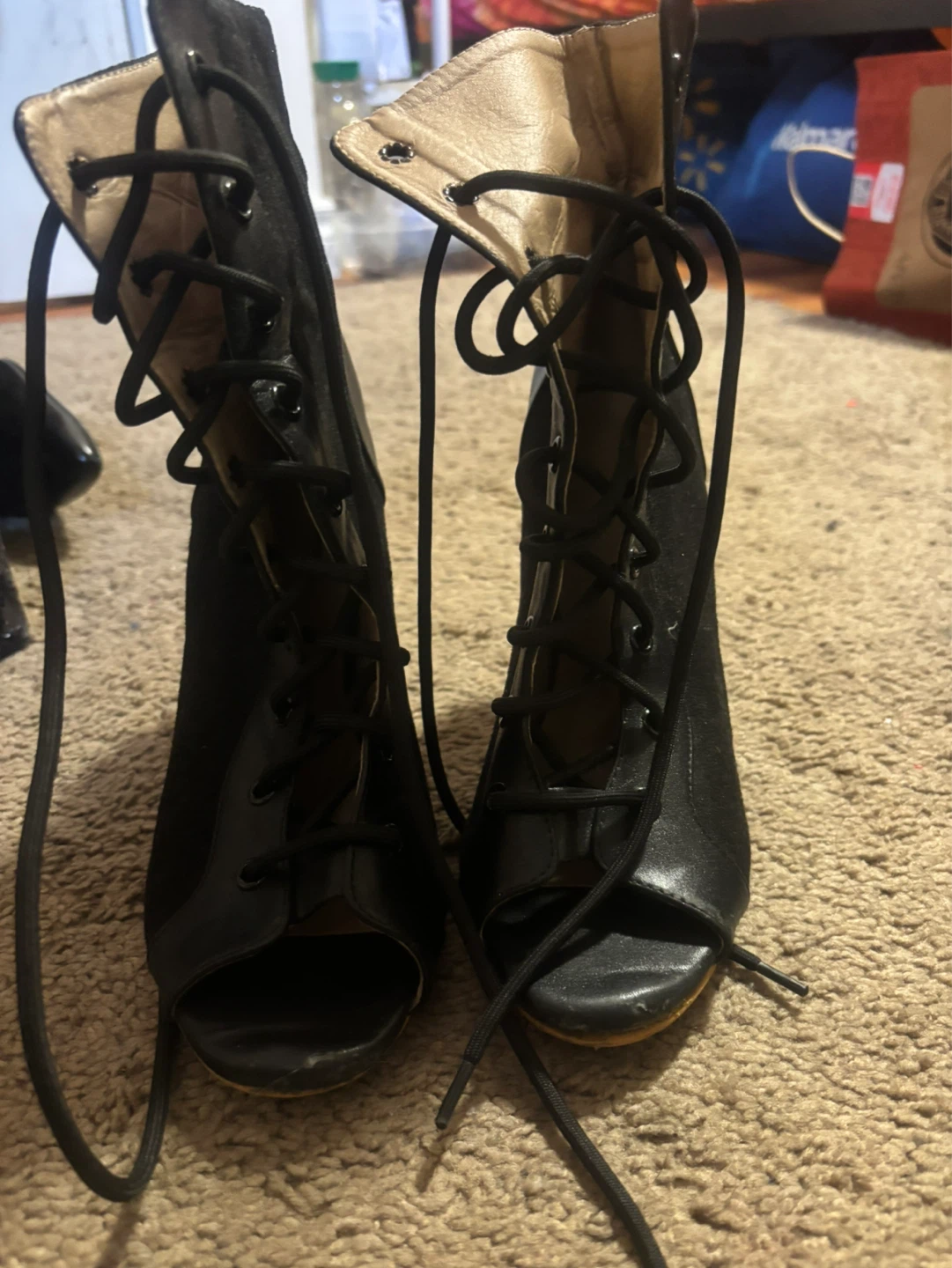 Black Suede Lace-Up Peep-Toe Heels - photo 2