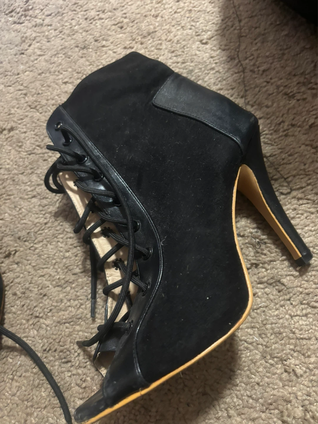 Black Suede Lace-Up Peep-Toe Heels