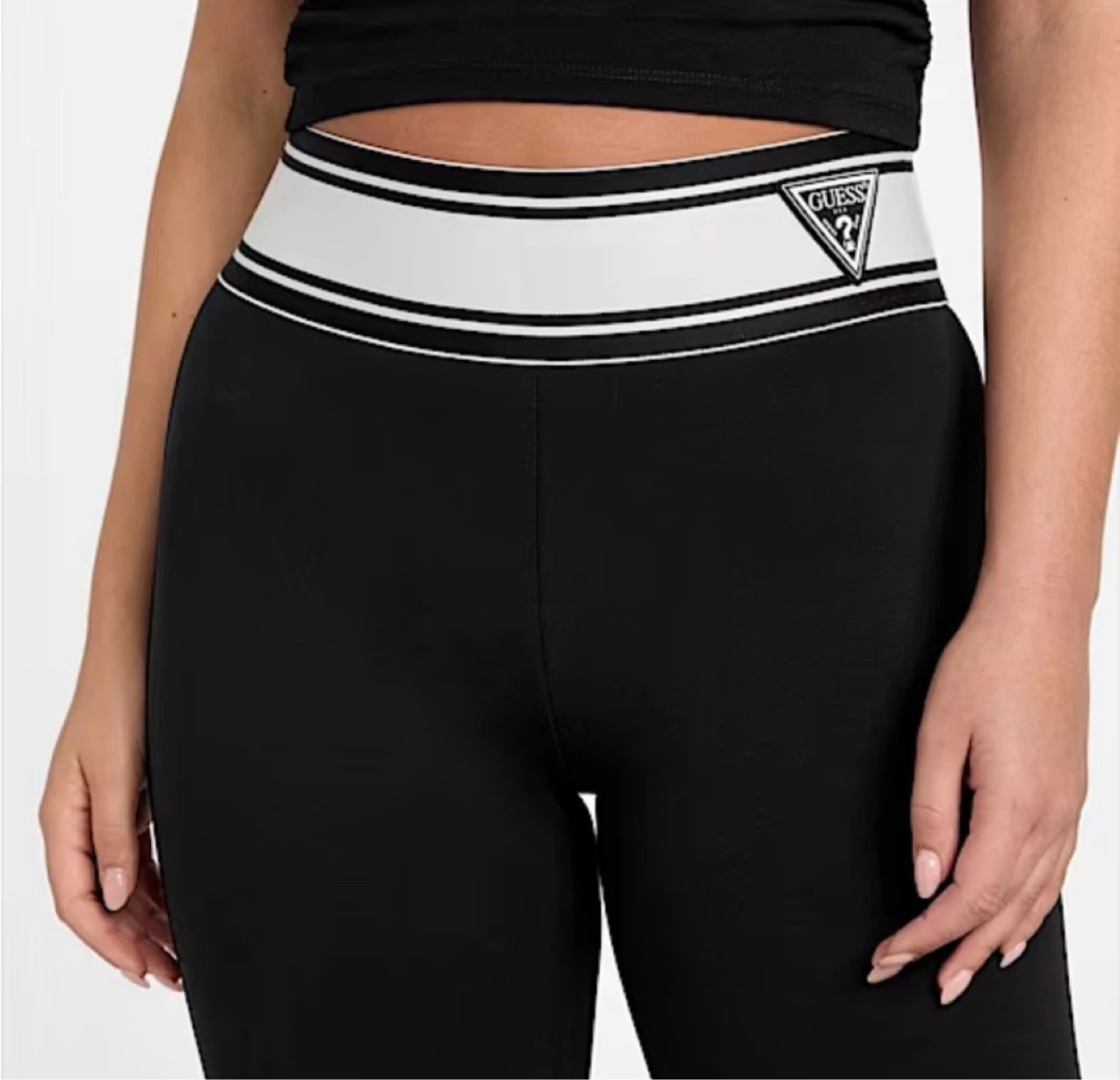 Guess Black Flare Leggings with White Stripe Waistband - photo 3