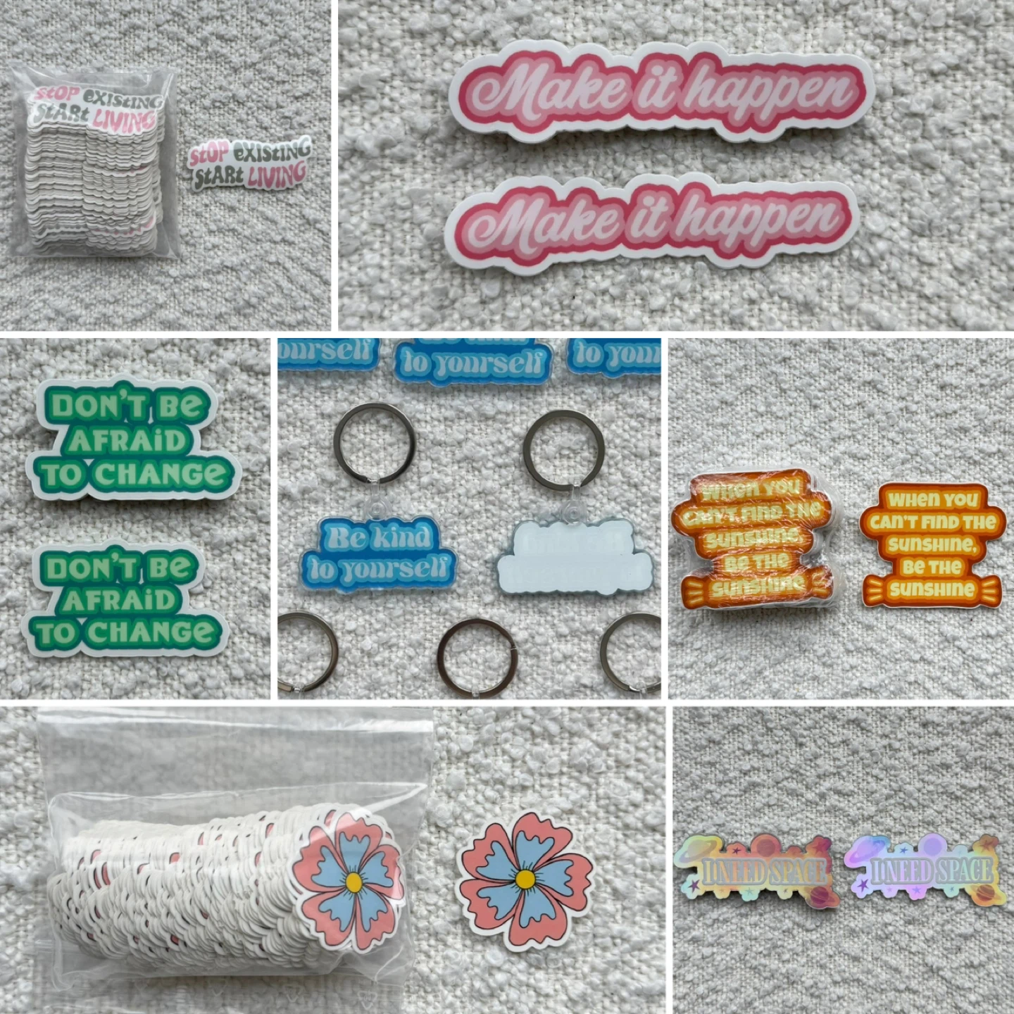 Assorted stickers and keychains