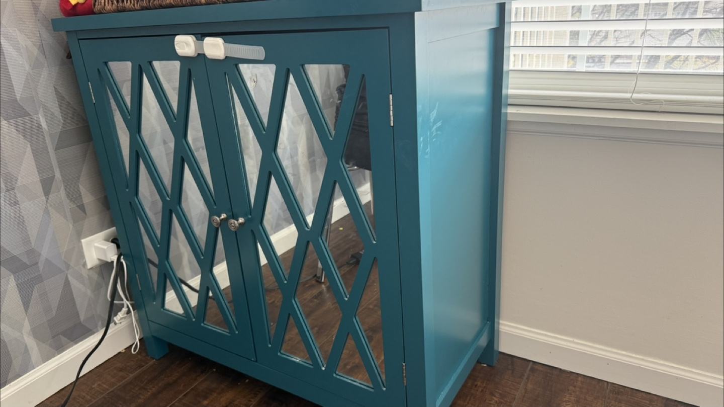 Teal Accent Cabinet with Mirrored Doors