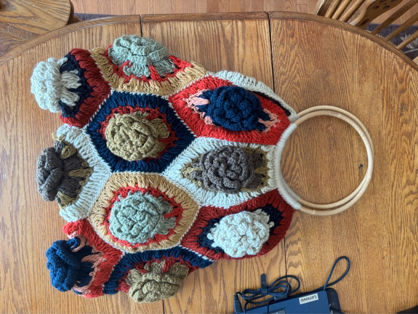 Boho Crochet Hexagon Bag with Wooden Handles
