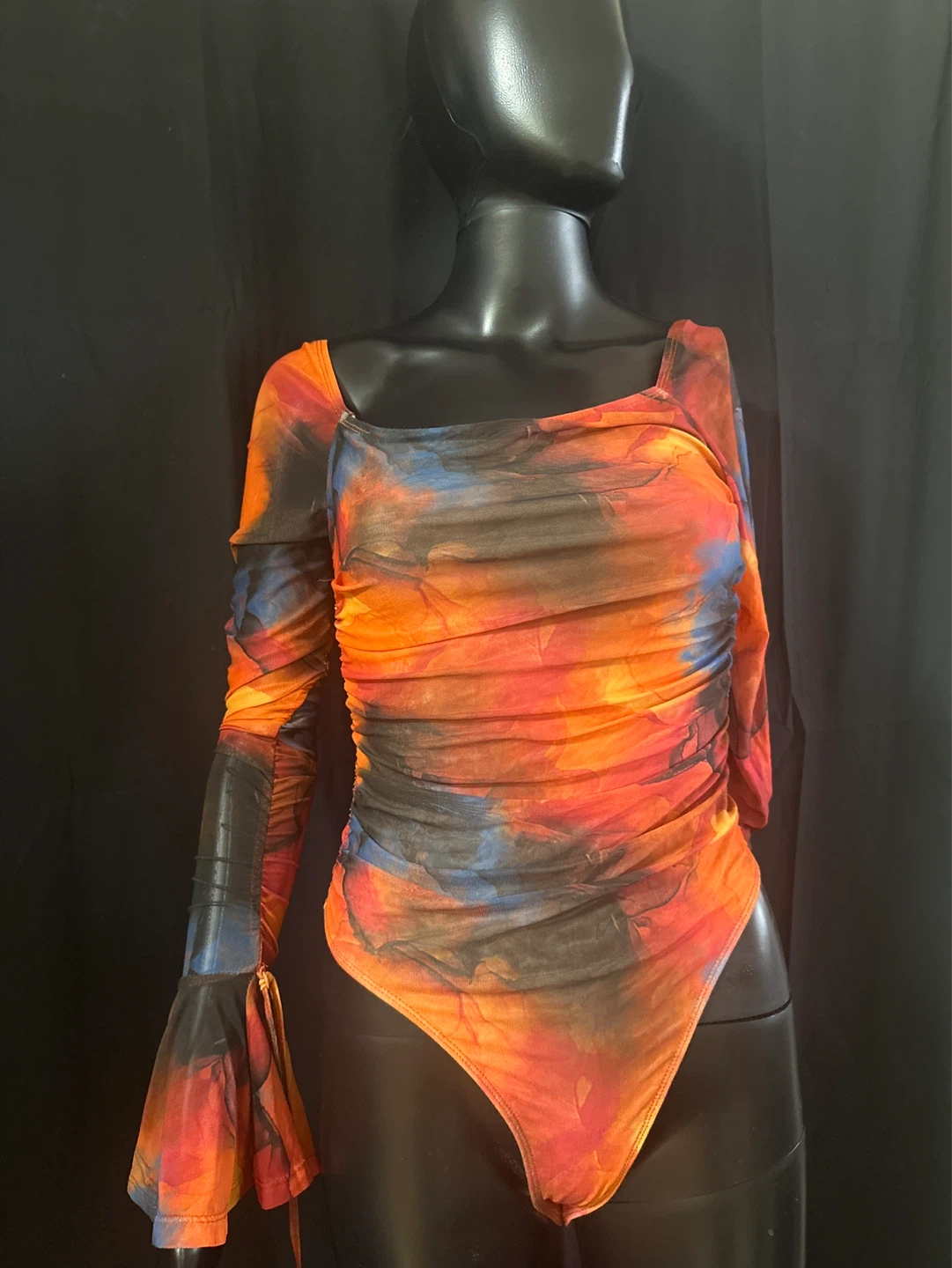 Ruched Tie-Dye Mesh Bodysuit
