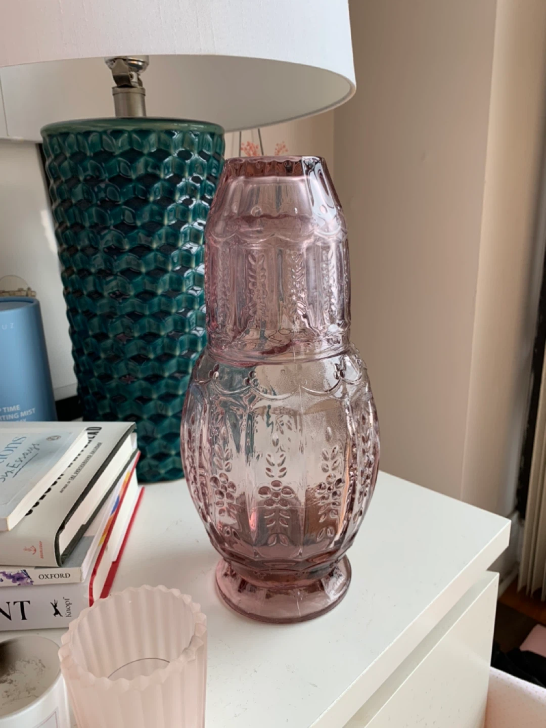 Pink Glass Bedside Water Carafe and Tumbler Set