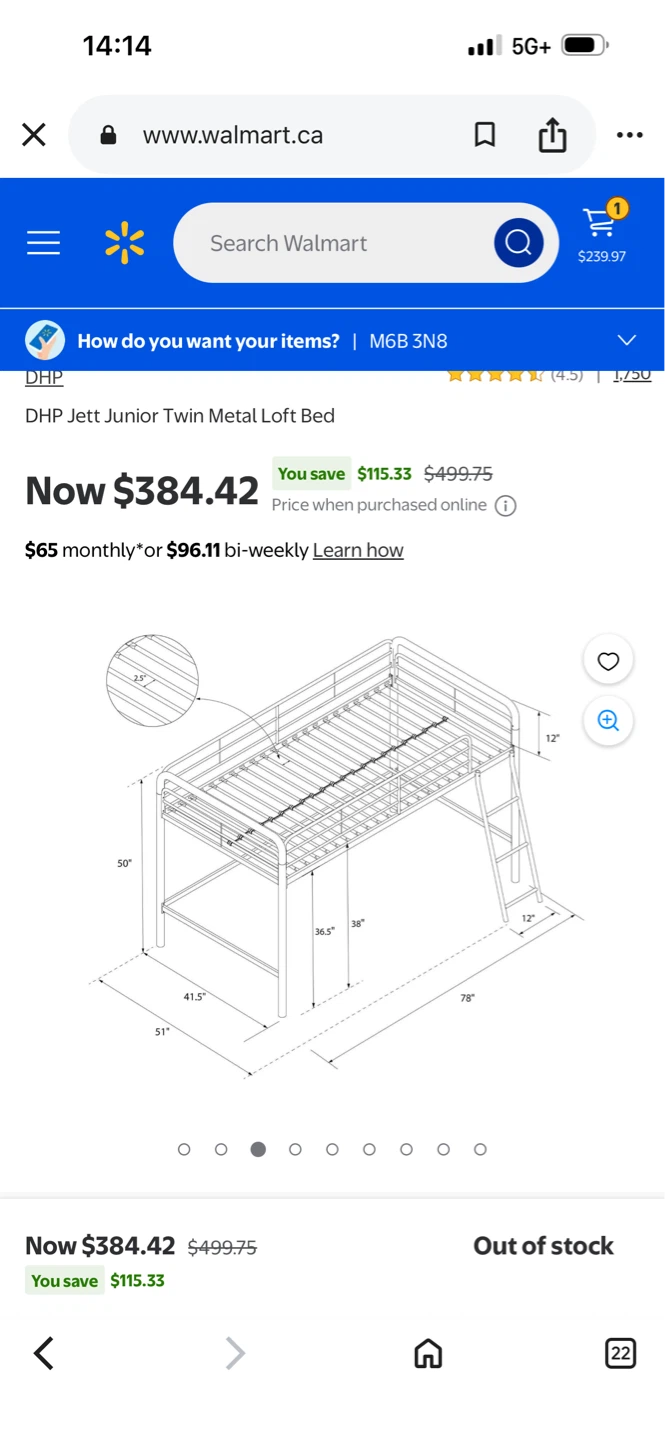Junior Twin Metal Loft Bed - Pink