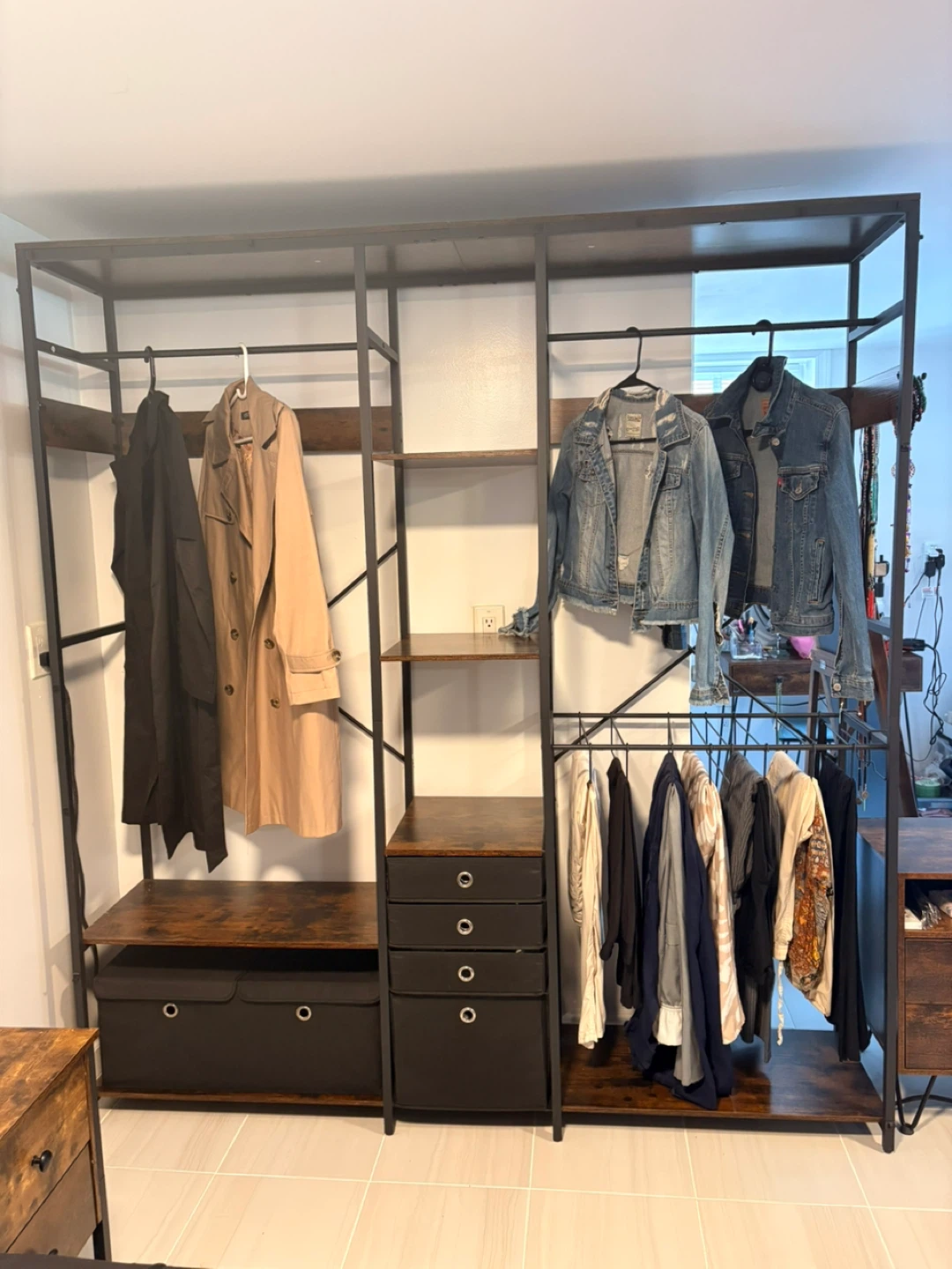 Industrial Style Clothing Rack with Shelves and Drawers